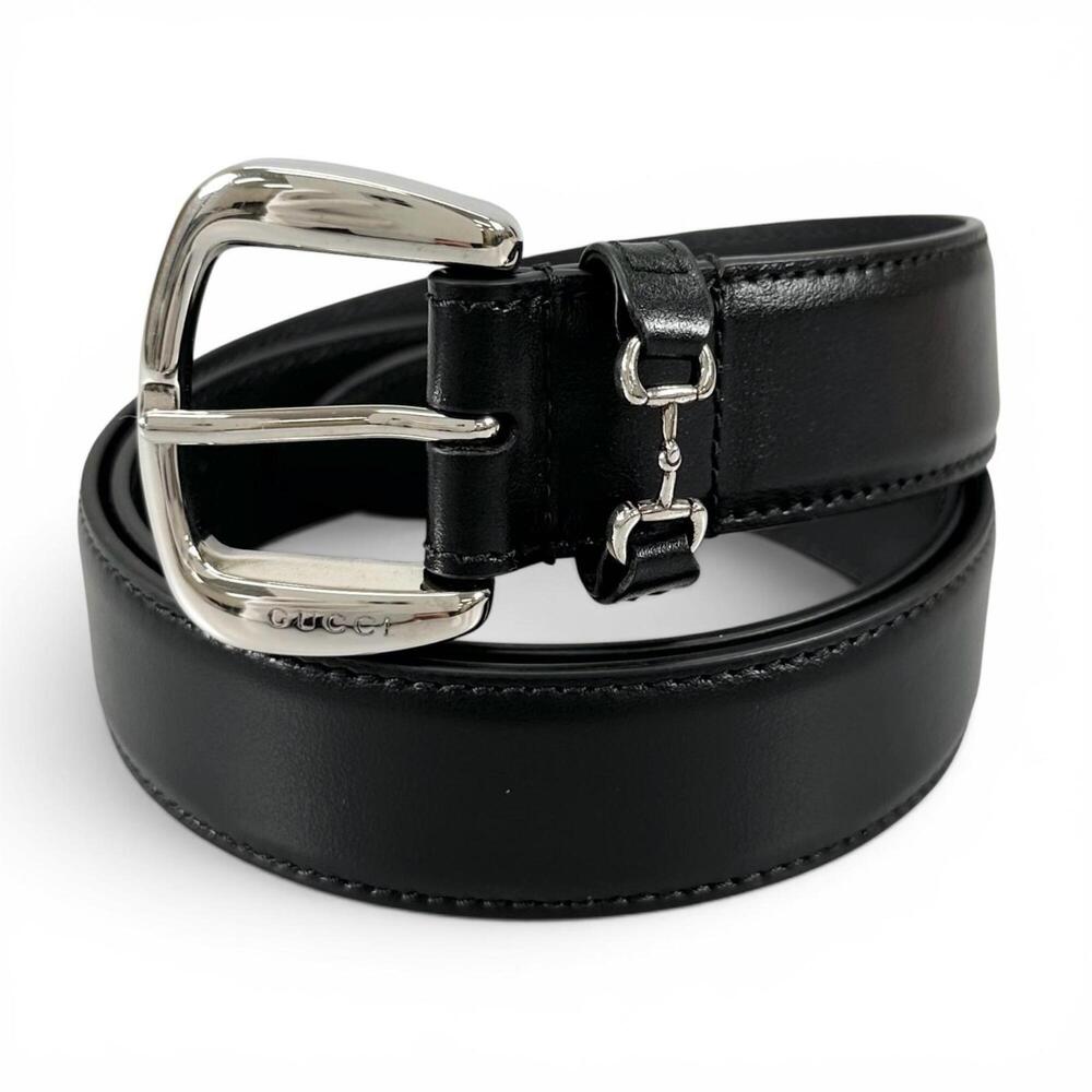 GUCCI 700338 Horsebit Pin Buckle Leather Belt, Black with Silver Hardware, Si...